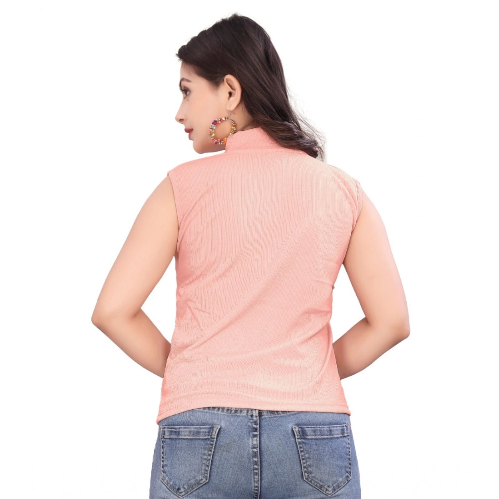 Amfyn Women's Casual Sleeveless Cotton Blend High Neck Top (Peach)
