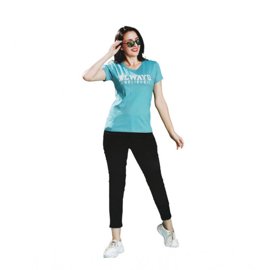 Amfyn Women's Cotton Printed Round Neck T.Shirt (Blue)