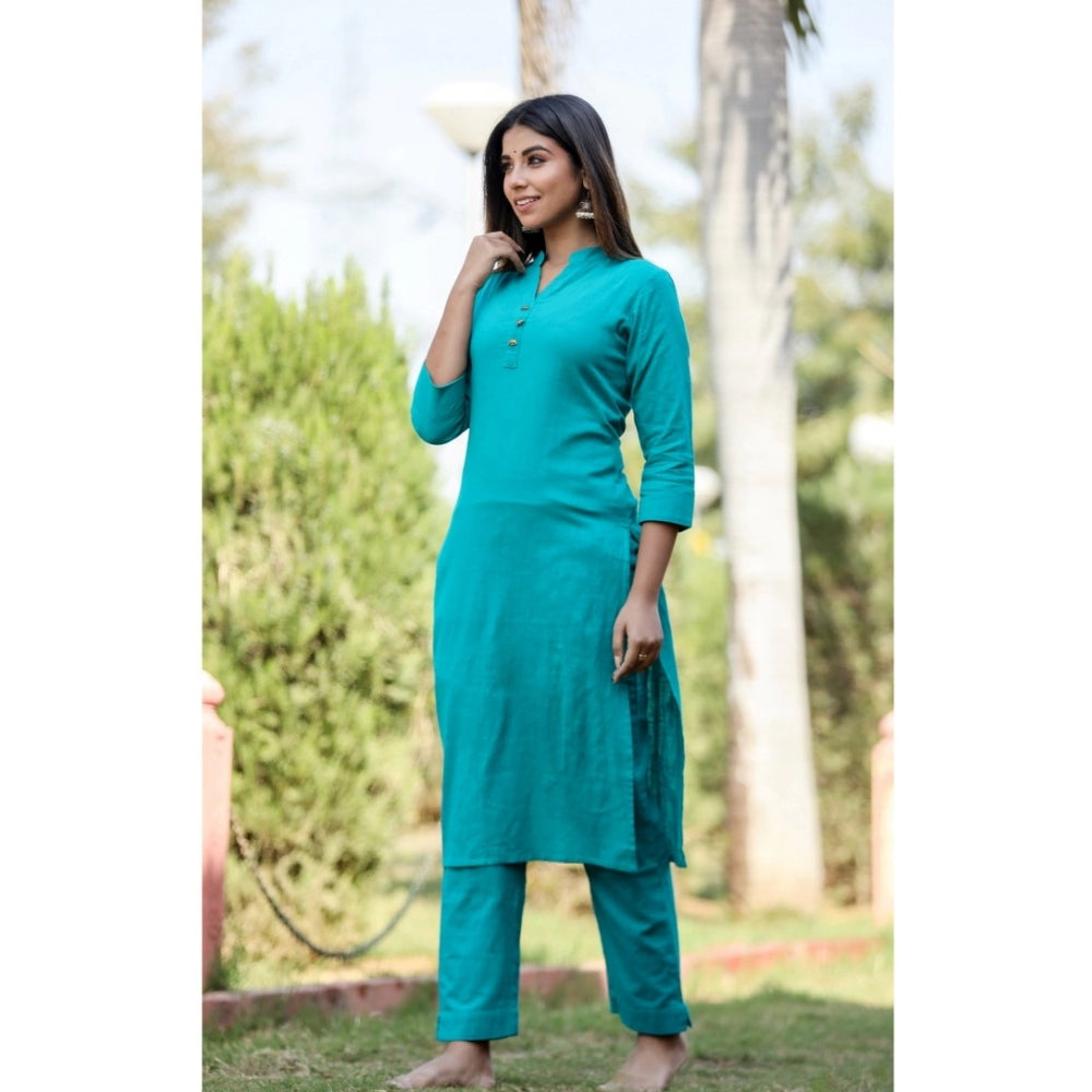 Amfyn Women's Cotton Solid 3/4 Sleeve Mandarin collar Kurti (Green)