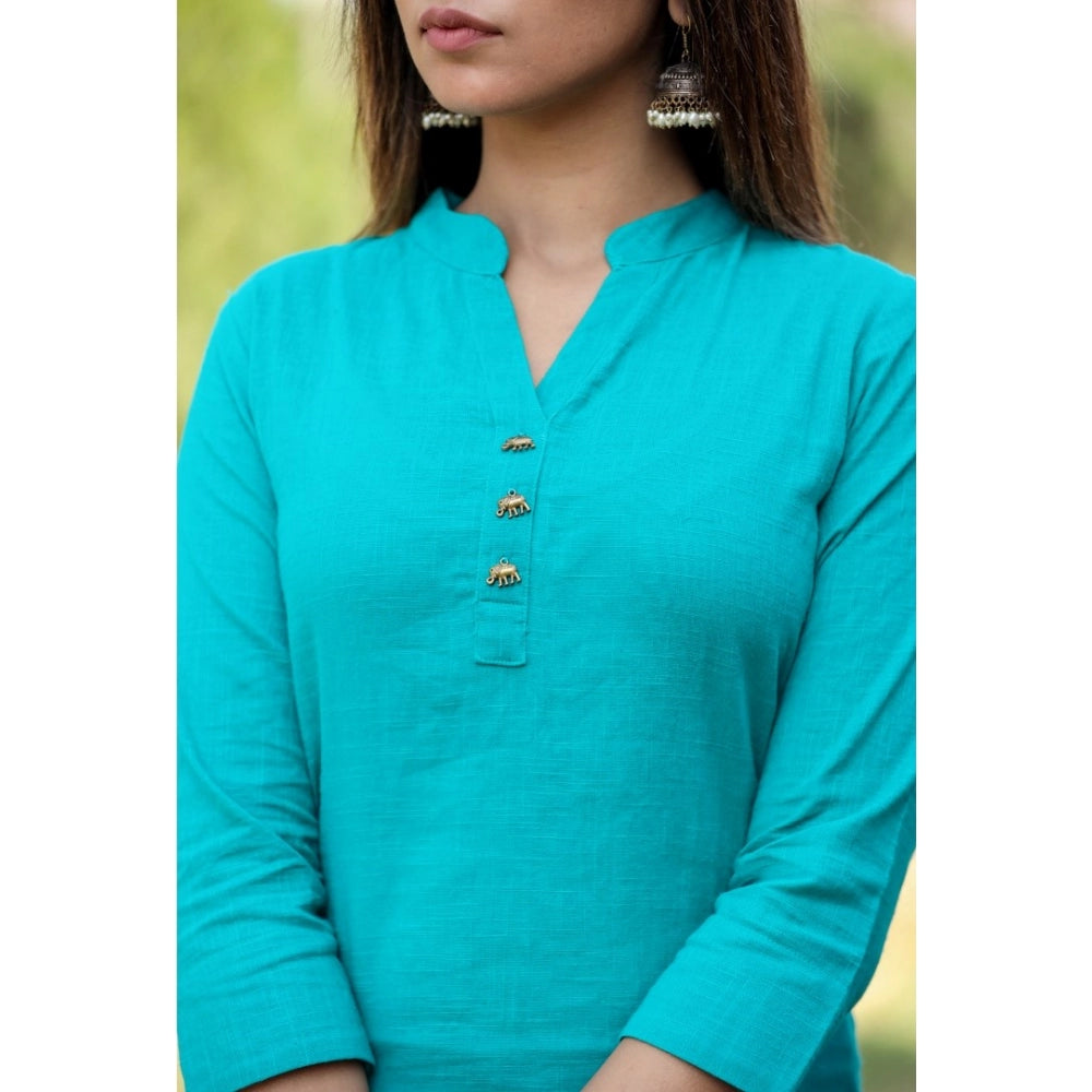 Amfyn Women's Cotton Solid 3/4 Sleeve Mandarin collar Kurti (Green)