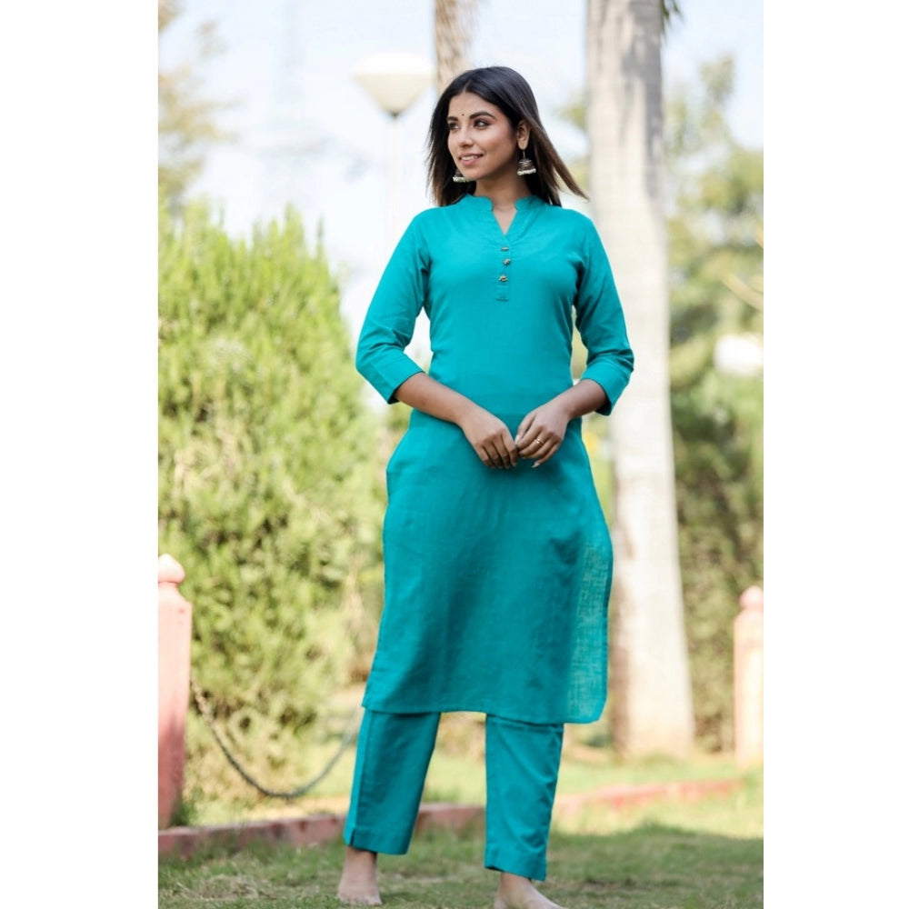 Amfyn Women's Cotton Solid 3/4 Sleeve Mandarin collar Kurti (Green)