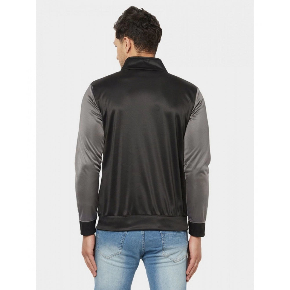 Amfyn Men's Solid Lycra Blend Full Sleeve Casual Jacket (Black-Grey)
