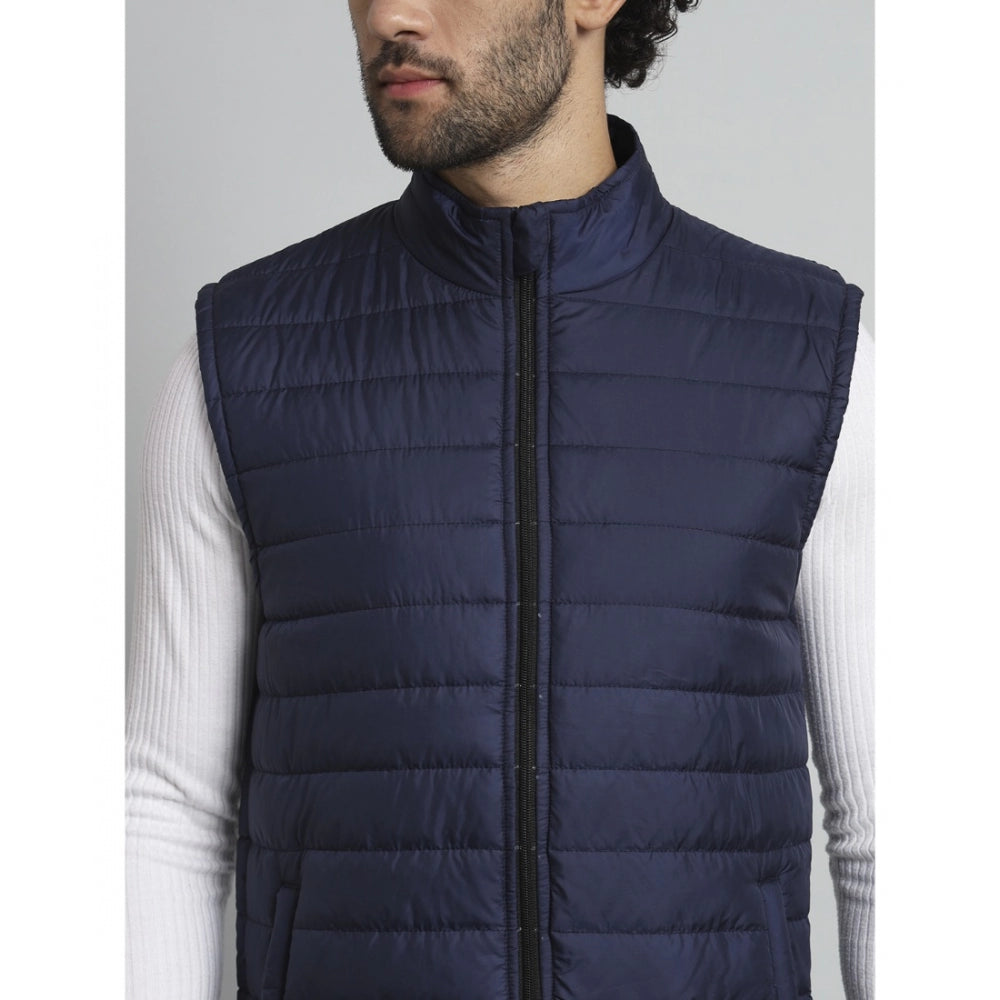 Amfyn Men's Solid Polyester Sleeveless Bomber Jacket (Blue)
