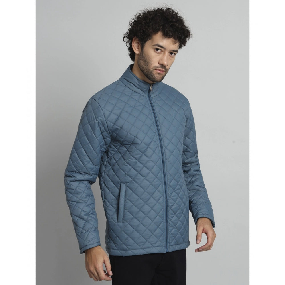 Amfyn Men's Solid Polyester Full Sleeve Bomber Jacket (Blue)