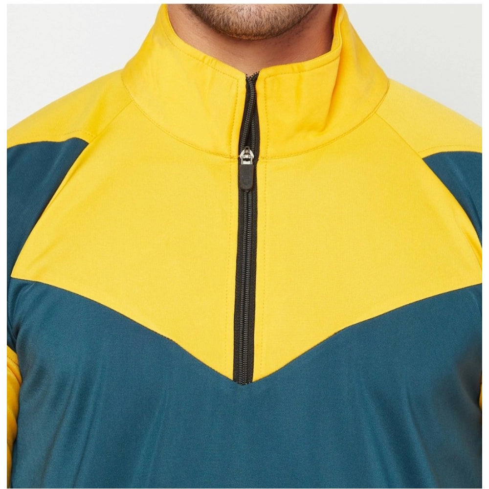 Amfyn Men's Solid Lycra Blend Full Sleeve Casual Jacket (Yellow-Blue)