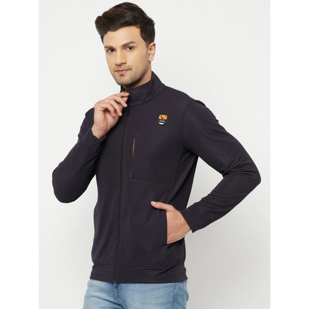 Amfyn Men's Solid Lycra Blend Full Sleeve Casual Jacket (Navy-Blue)