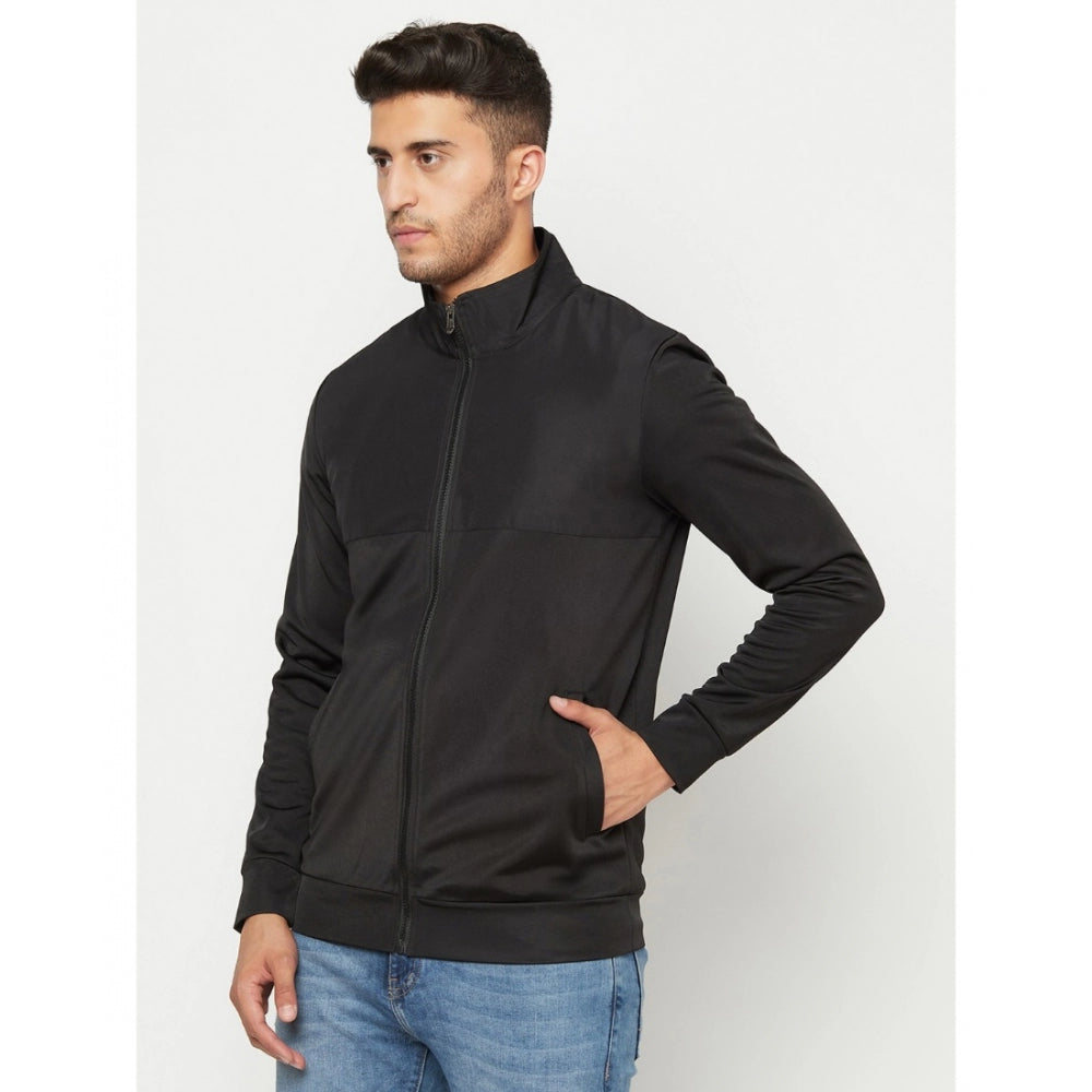 Amfyn Men's Solid Lycra Blend Full Sleeve Casual Jacket (Black)