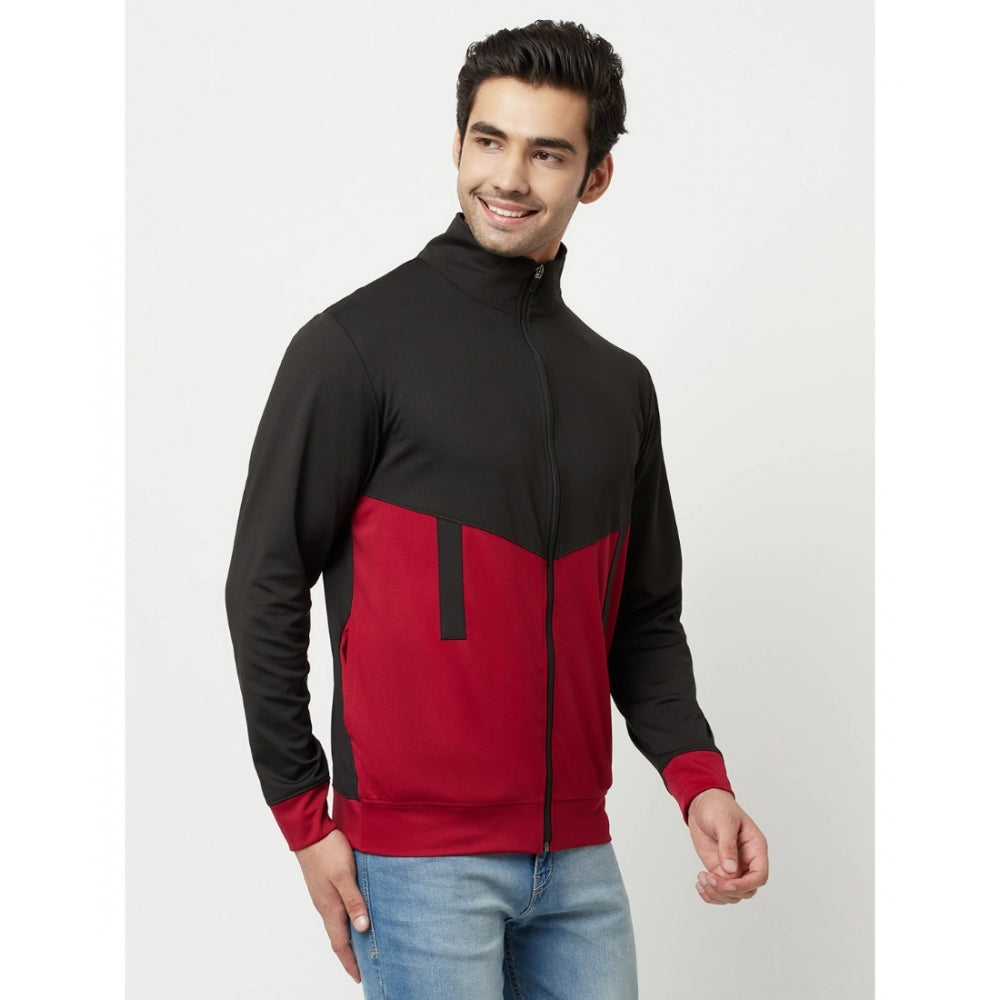 Amfyn Men's Solid Polyester Full Sleeve Casual Jacket (Black-Maroon)