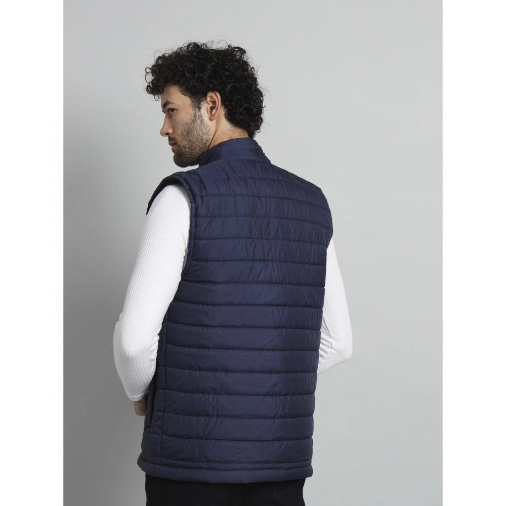 Amfyn Men's Solid Polyester Sleeveless Bomber Jacket (Blue)