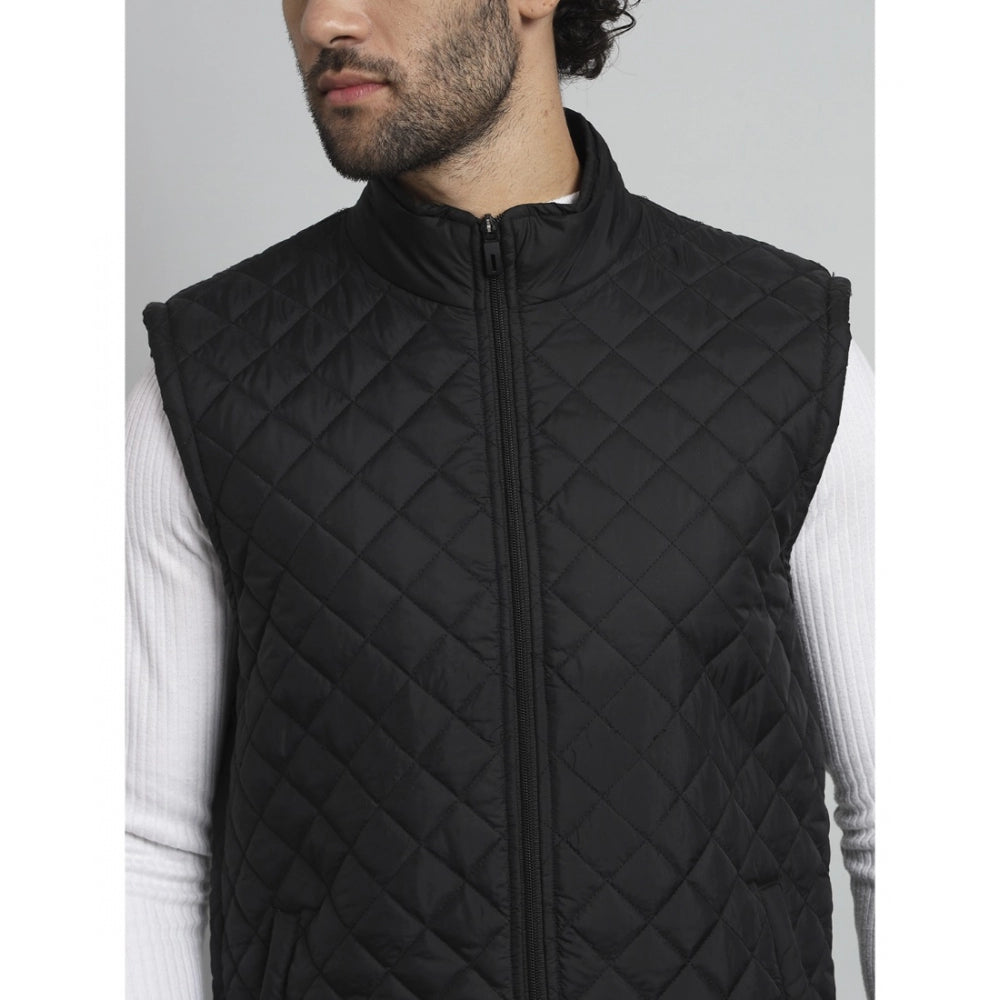 Amfyn Men's Solid Polyester Sleeveless Bomber Jacket (Black)