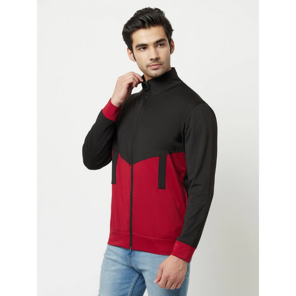 Amfyn Men's Solid Polyester Full Sleeve Casual Jacket (Black-Maroon)