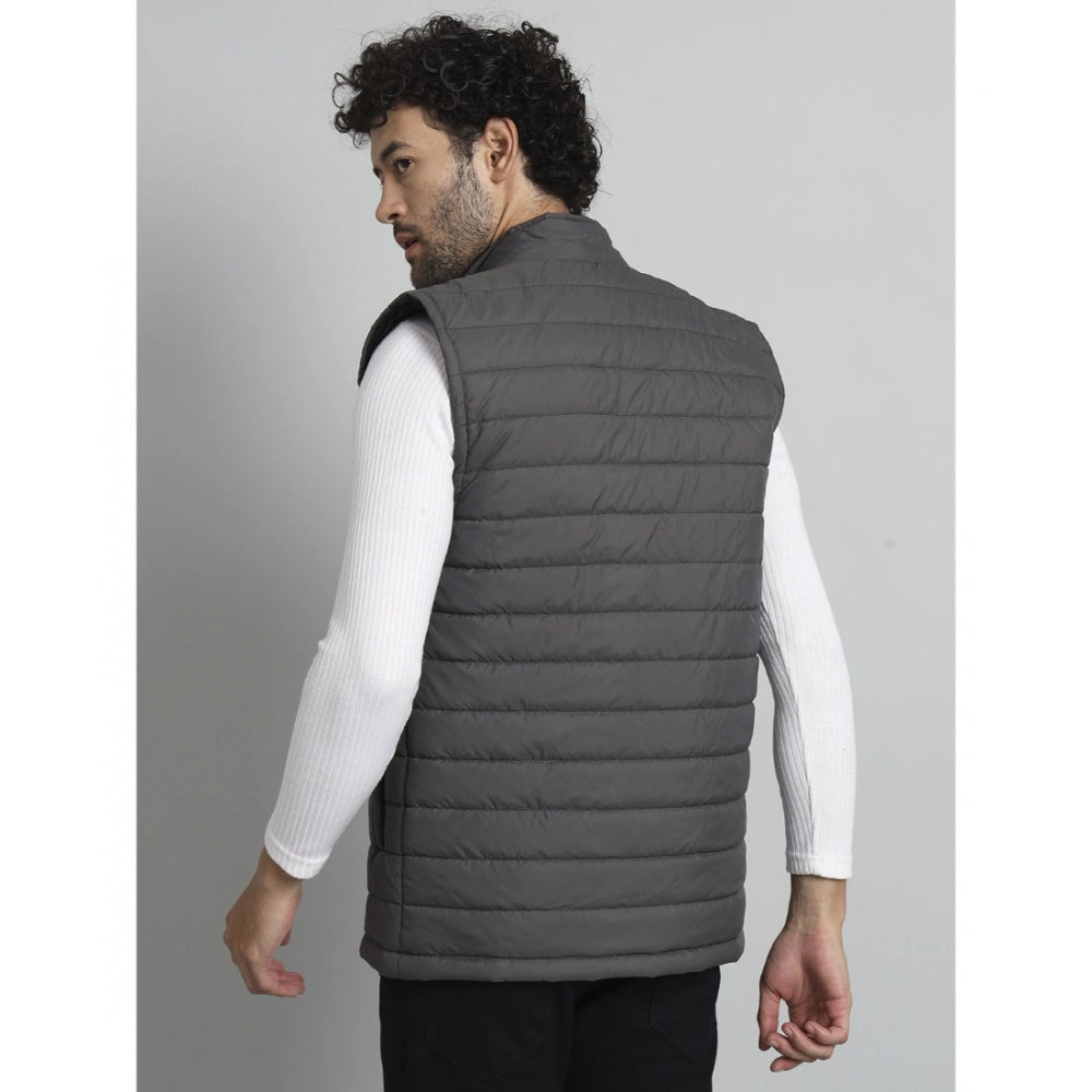 Amfyn Men's Solid Polyester Sleeveless Bomber Jacket (Black)