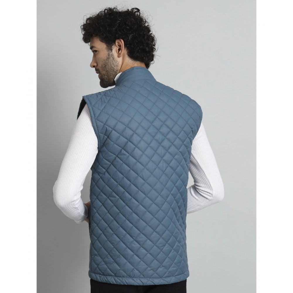 Amfyn Men's Solid Polyester Sleeveless Bomber Jacket (Blue)