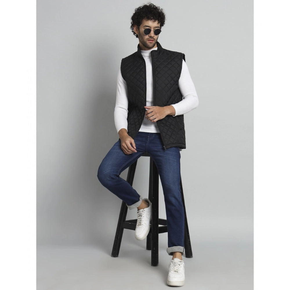 Amfyn Men's Solid Polyester Sleeveless Bomber Jacket (Black)