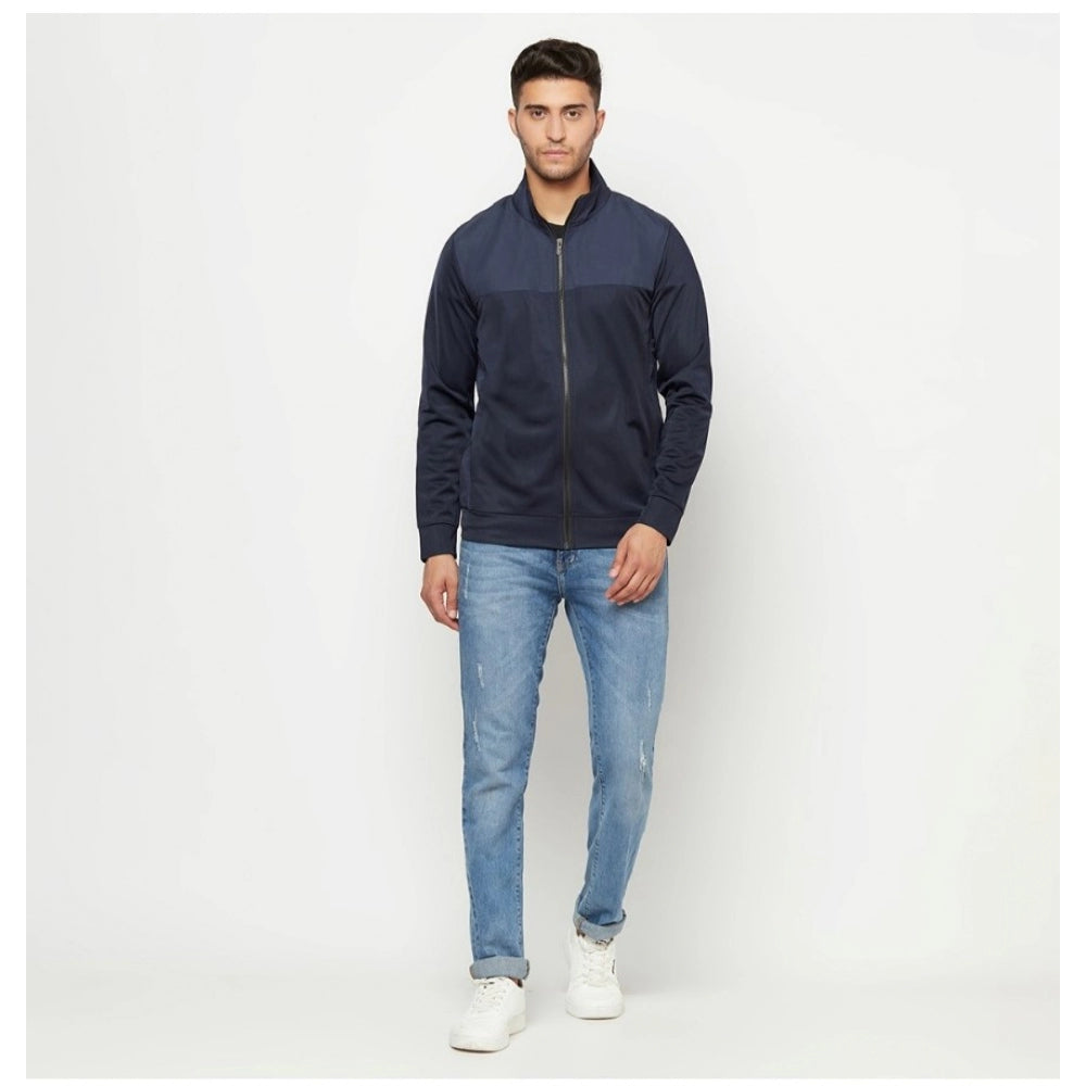Amfyn Men's Solid Lycra Blend Full Sleeve Casual Jacket (Blue)