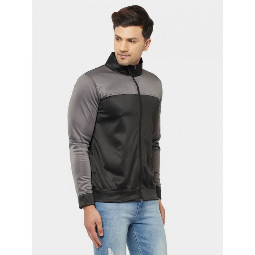 Amfyn Men's Solid Lycra Blend Full Sleeve Casual Jacket (Black-Grey)