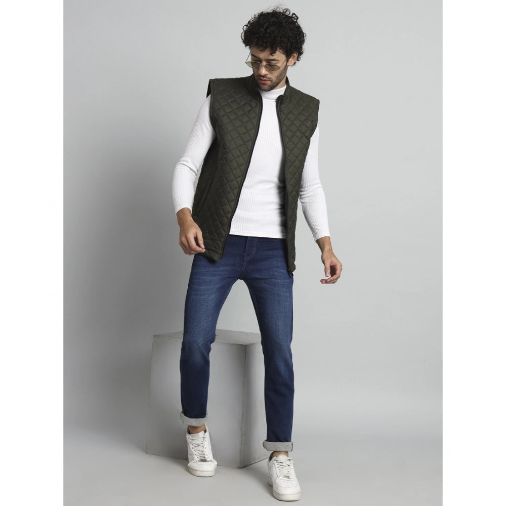 Amfyn Men's Solid Polyester Sleeveless Bomber Jacket (Dark-Green)