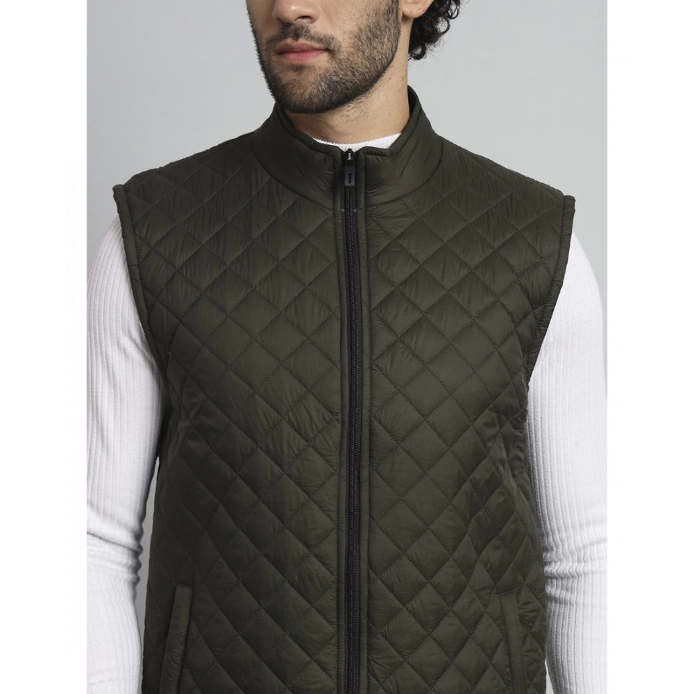 Amfyn Men's Solid Polyester Sleeveless Bomber Jacket (Dark-Green)