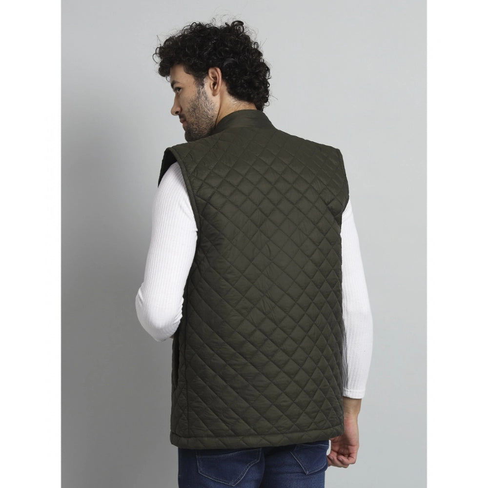 Amfyn Men's Solid Polyester Sleeveless Bomber Jacket (Dark-Green)