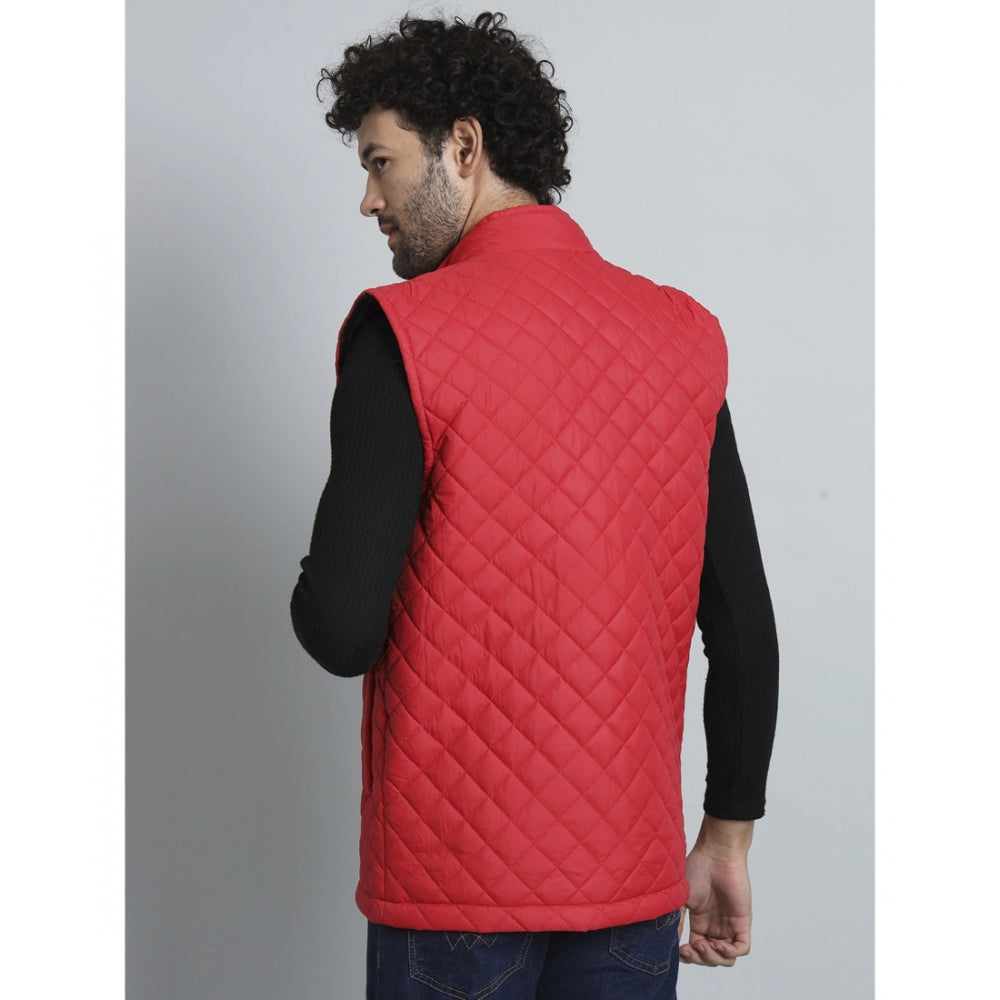 Amfyn Men's Solid Polyester Sleeveless Bomber Jacket (Red)