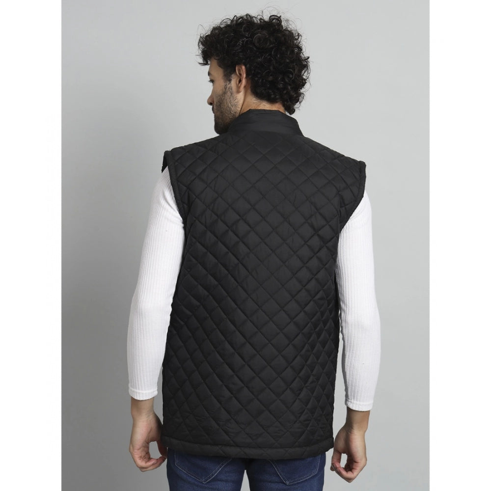 Amfyn Men's Solid Polyester Sleeveless Bomber Jacket (Black)