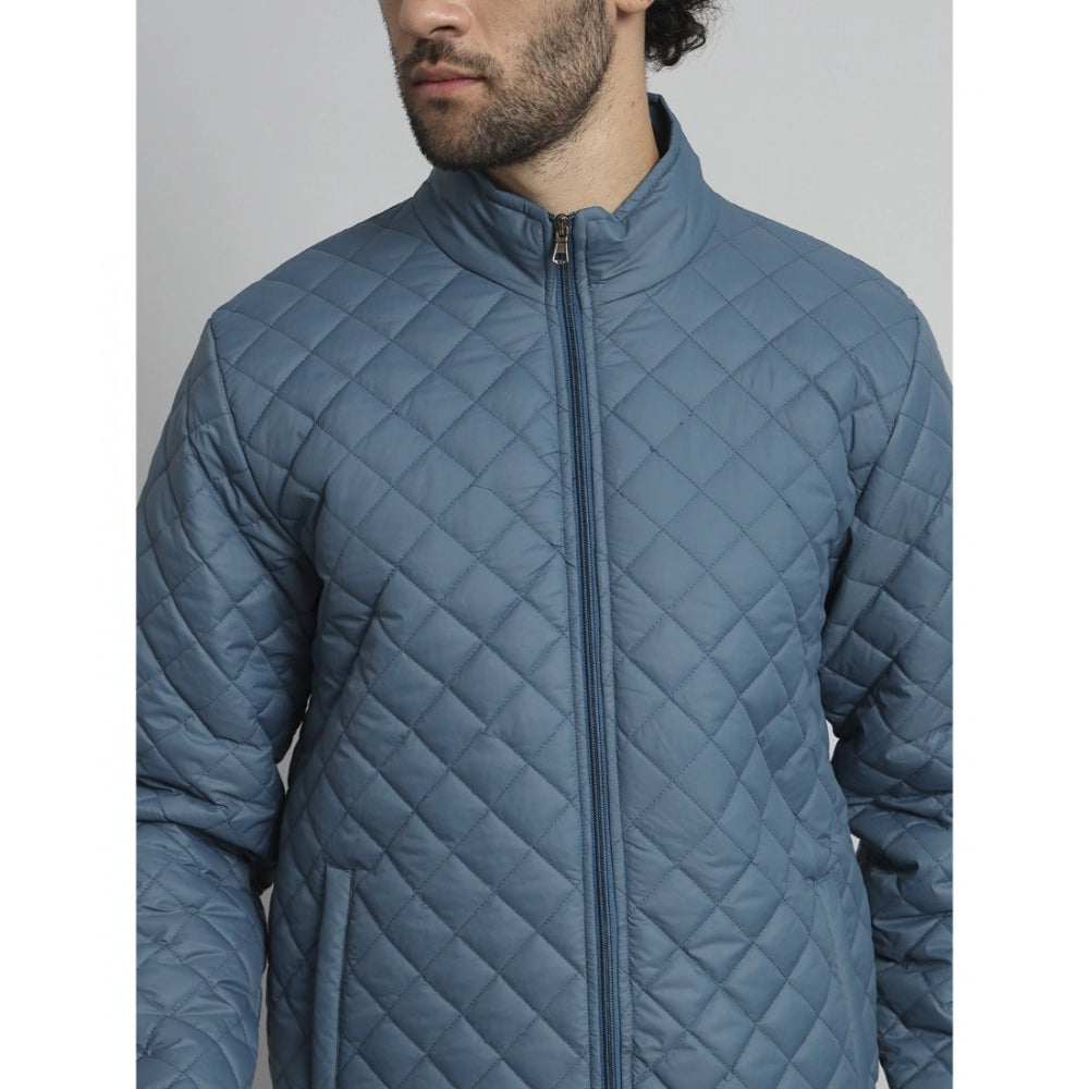 Amfyn Men's Solid Polyester Full Sleeve Bomber Jacket (Blue)