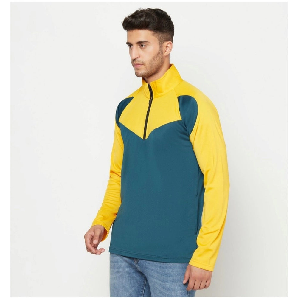 Amfyn Men's Solid Lycra Blend Full Sleeve Casual Jacket (Yellow-Blue)
