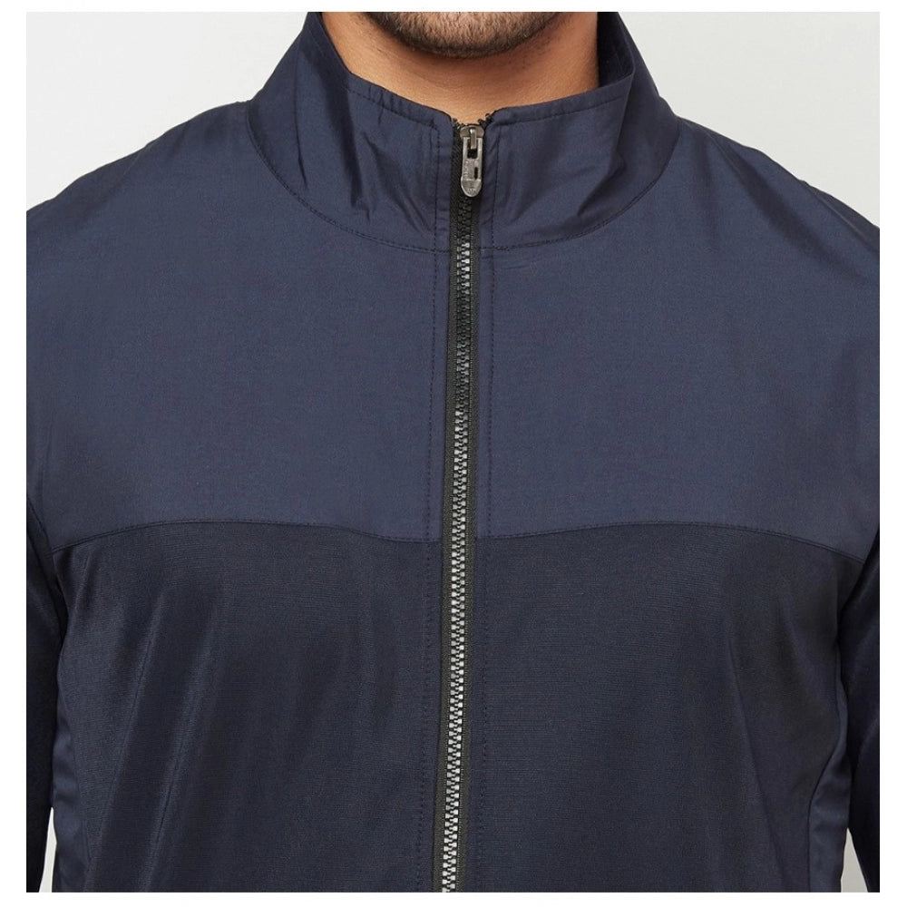 Amfyn Men's Solid Lycra Blend Full Sleeve Casual Jacket (Blue)