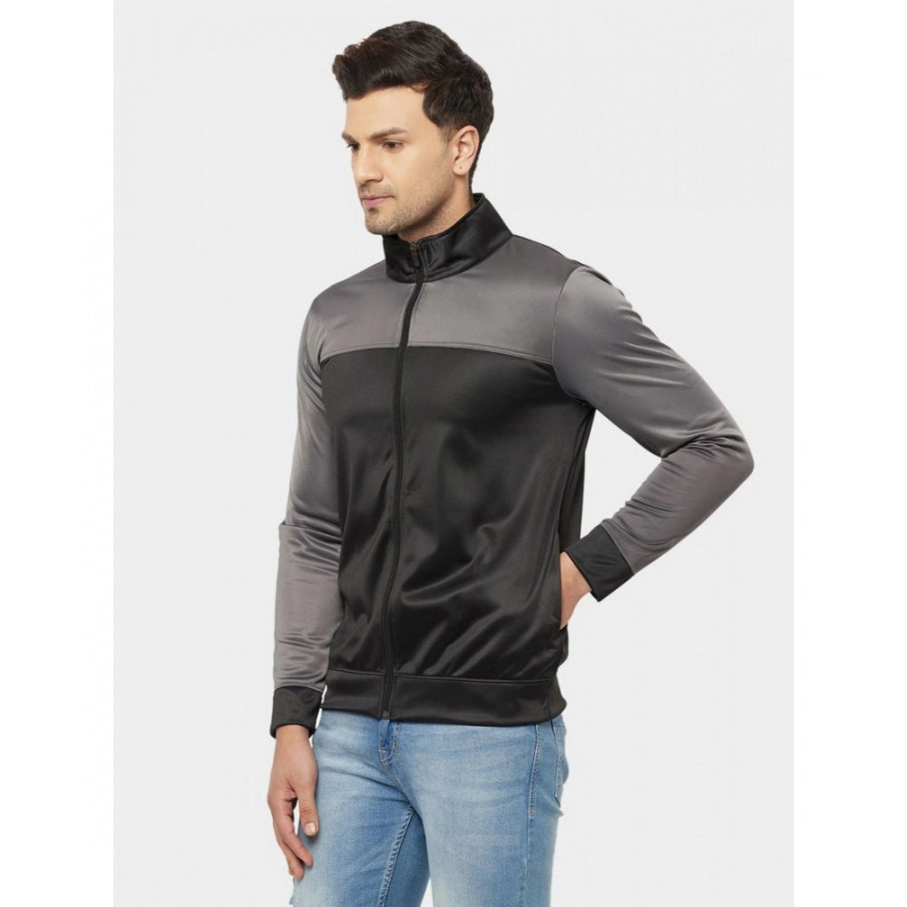 Amfyn Men's Solid Lycra Blend Full Sleeve Casual Jacket (Black-Grey)