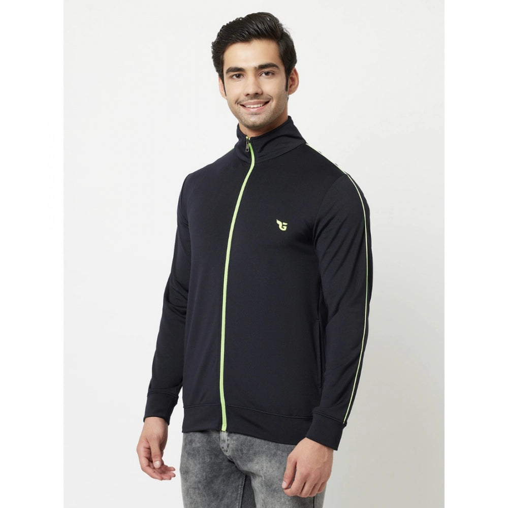 Amfyn Men's Solid Lycra Blend Full Sleeve Casual Jacket (Navy-Blue)