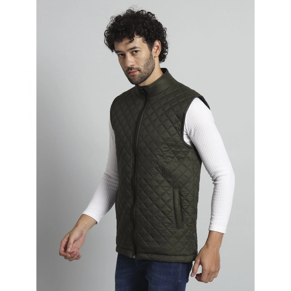 Amfyn Men's Solid Polyester Sleeveless Bomber Jacket (Dark-Green)