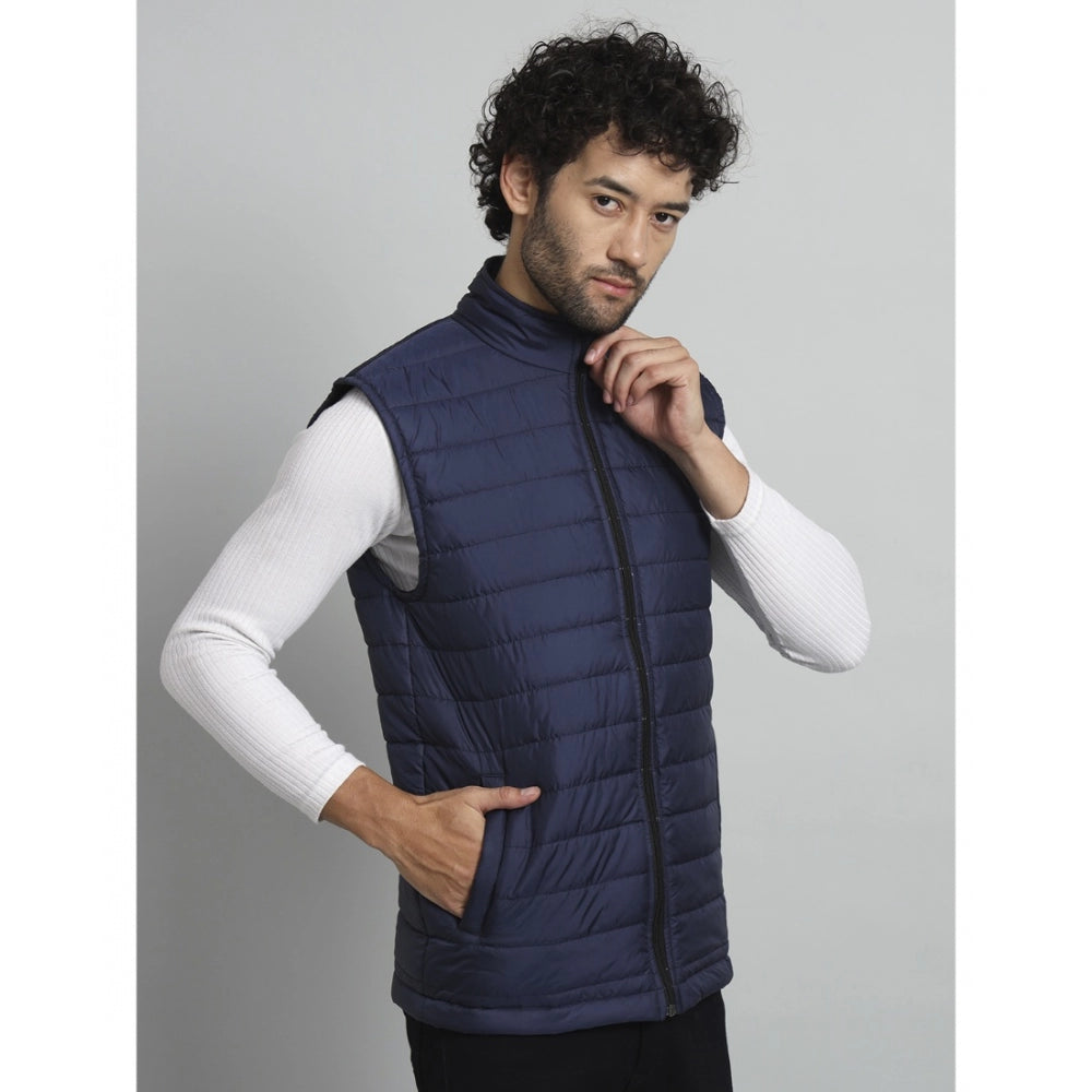 Amfyn Men's Solid Polyester Sleeveless Bomber Jacket (Blue)