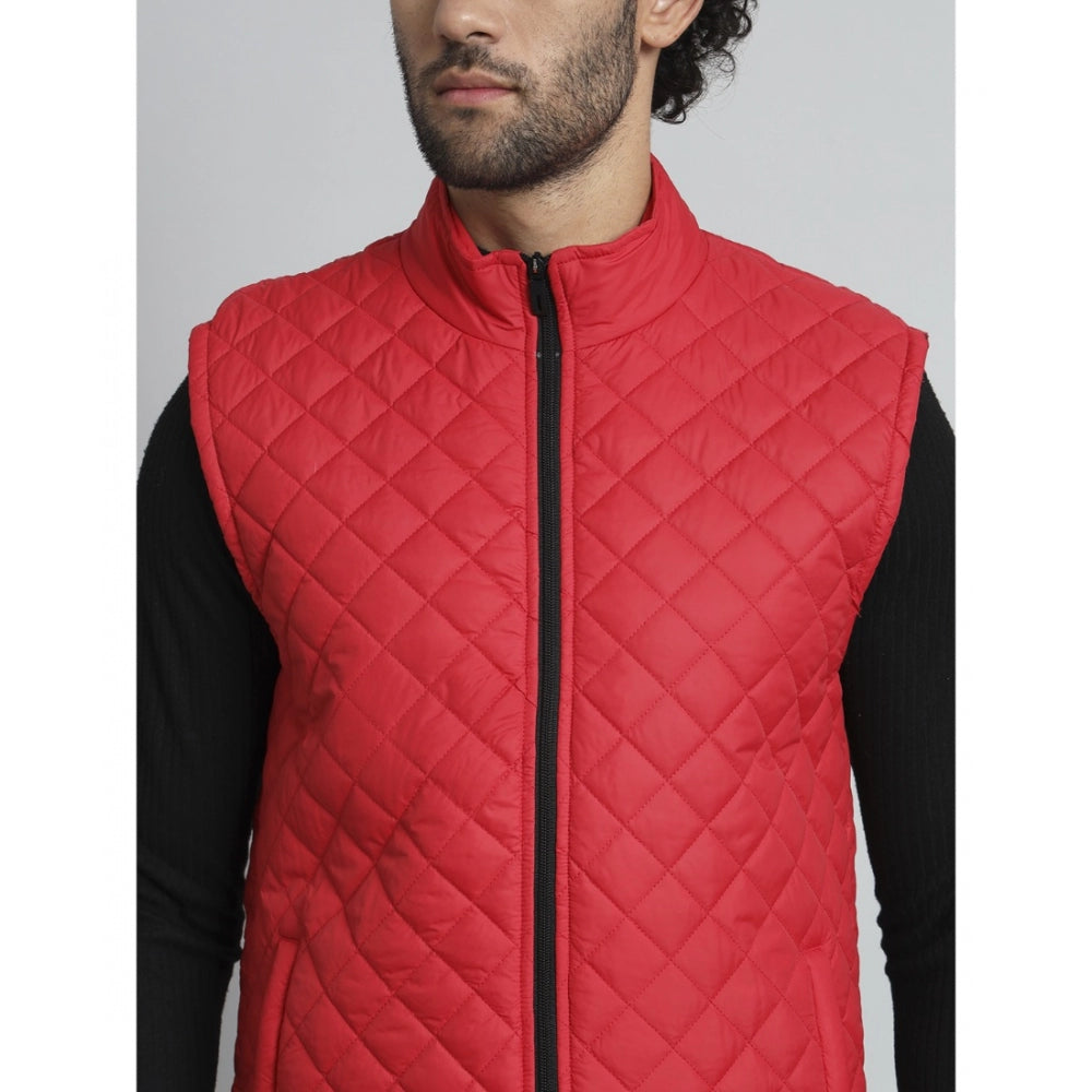 Amfyn Men's Solid Polyester Sleeveless Bomber Jacket (Red)