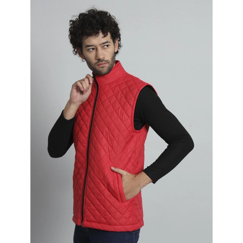 Amfyn Men's Solid Polyester Sleeveless Bomber Jacket (Red)