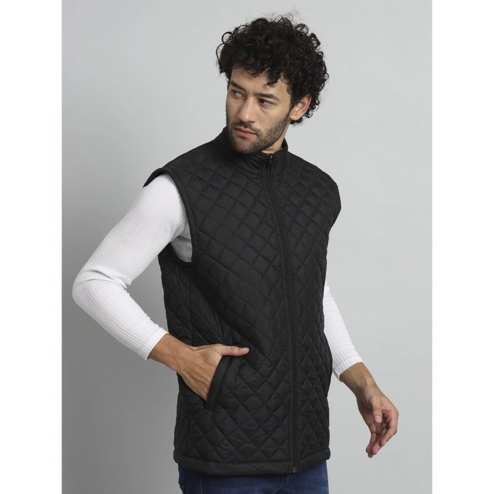 Amfyn Men's Solid Polyester Sleeveless Bomber Jacket (Black)