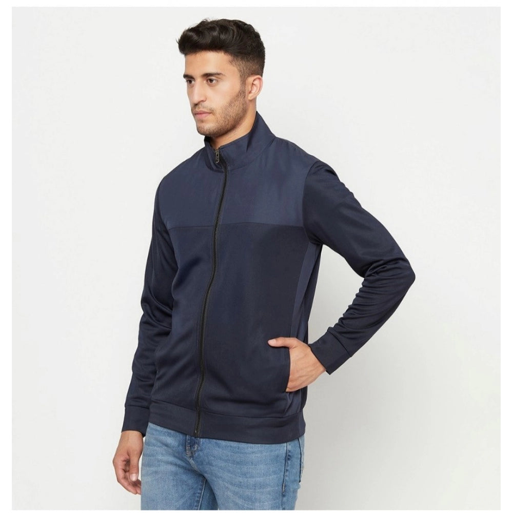 Amfyn Men's Solid Lycra Blend Full Sleeve Casual Jacket (Blue)