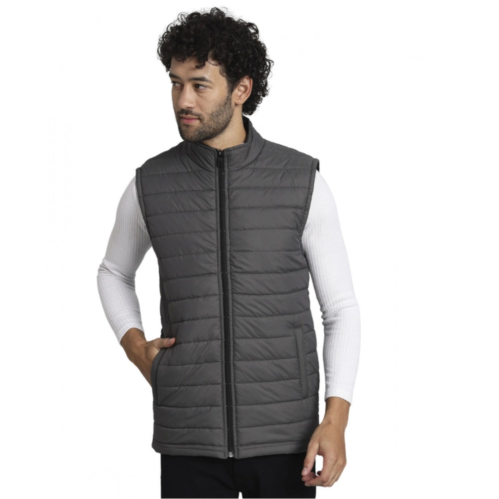 Amfyn Men's Solid Polyester Sleeveless Bomber Jacket (Black)