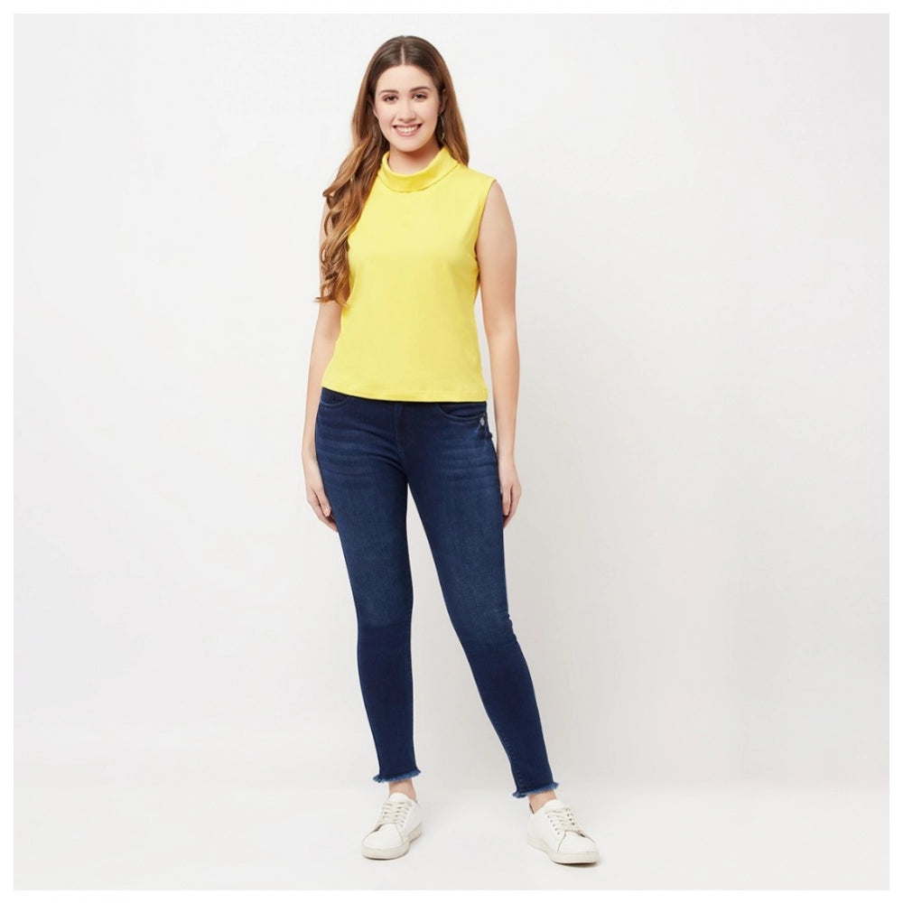 Amfyn Women's Cotton Blend Solid Sleeveless High Neck Regular Top (Yellow)