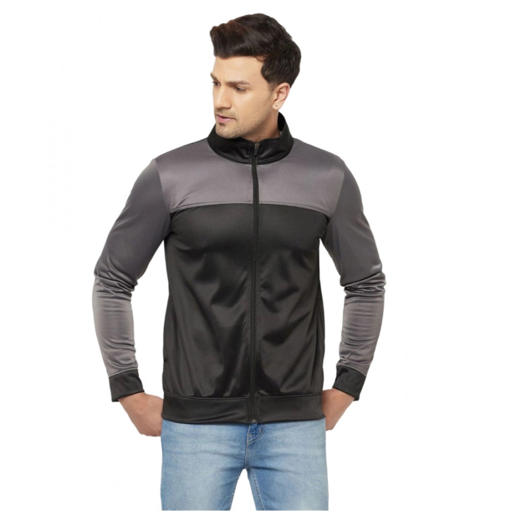 Amfyn Men's Solid Lycra Blend Full Sleeve Casual Jacket (Black-Grey)