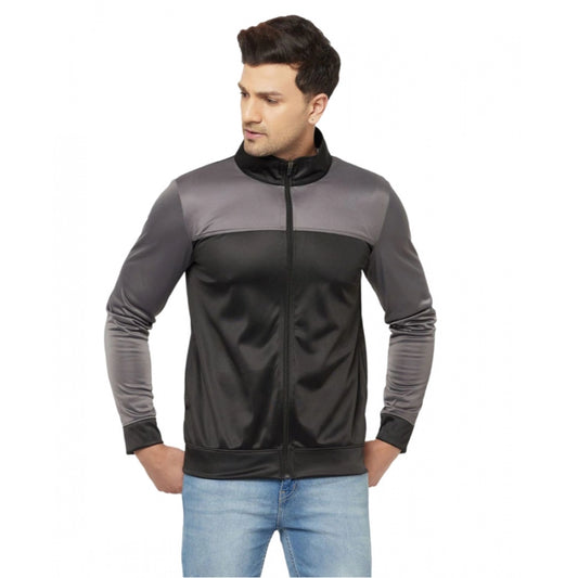 Amfyn Men's Solid Lycra Blend Full Sleeve Casual Jacket (Black-Grey)