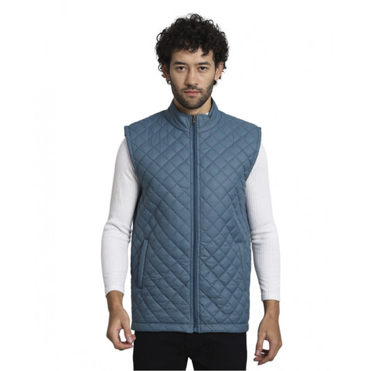 Amfyn Men's Solid Polyester Sleeveless Bomber Jacket (Blue)