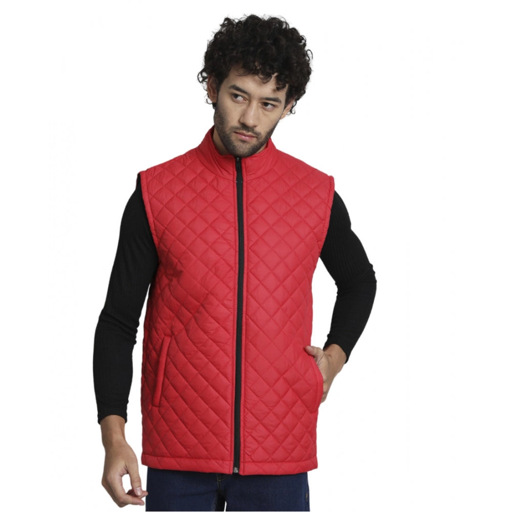 Amfyn Men's Solid Polyester Sleeveless Bomber Jacket (Red)