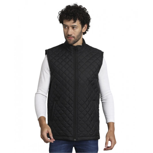 Amfyn Men's Solid Polyester Sleeveless Bomber Jacket (Black)
