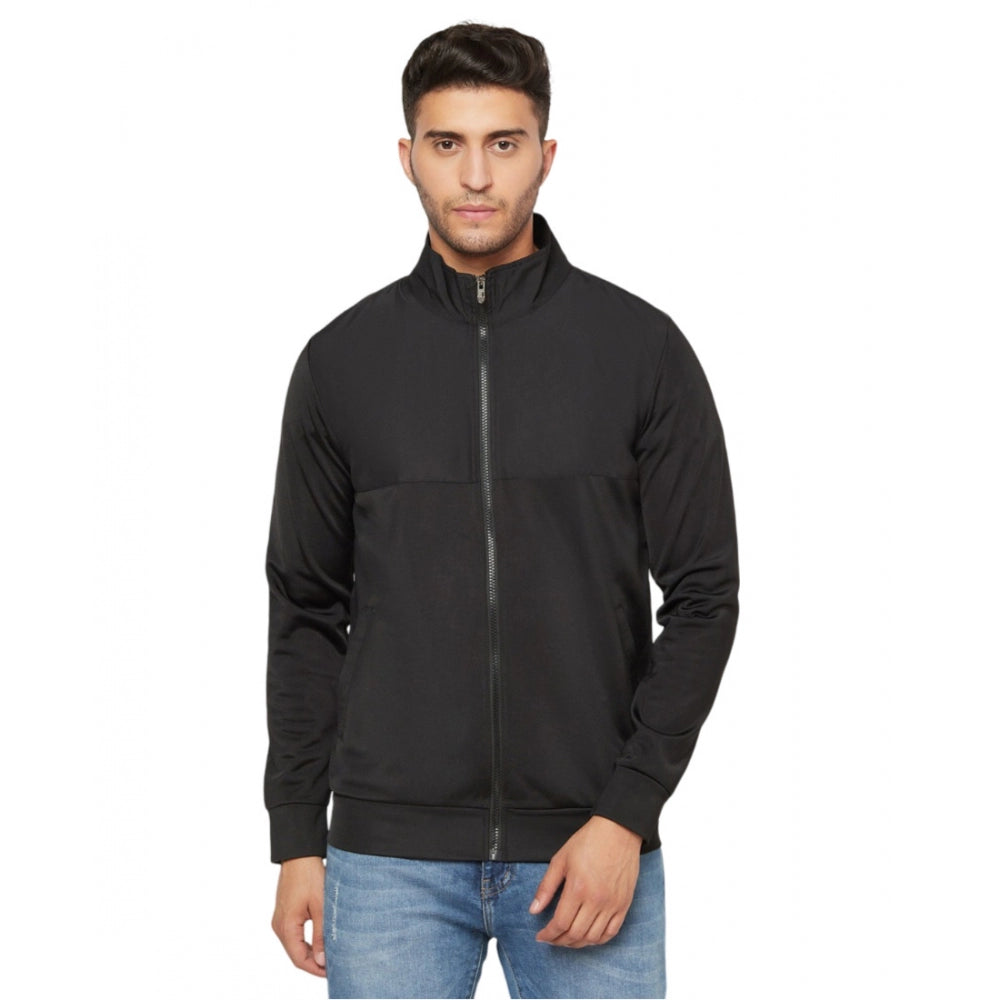 Amfyn Men's Solid Lycra Blend Full Sleeve Casual Jacket (Black)