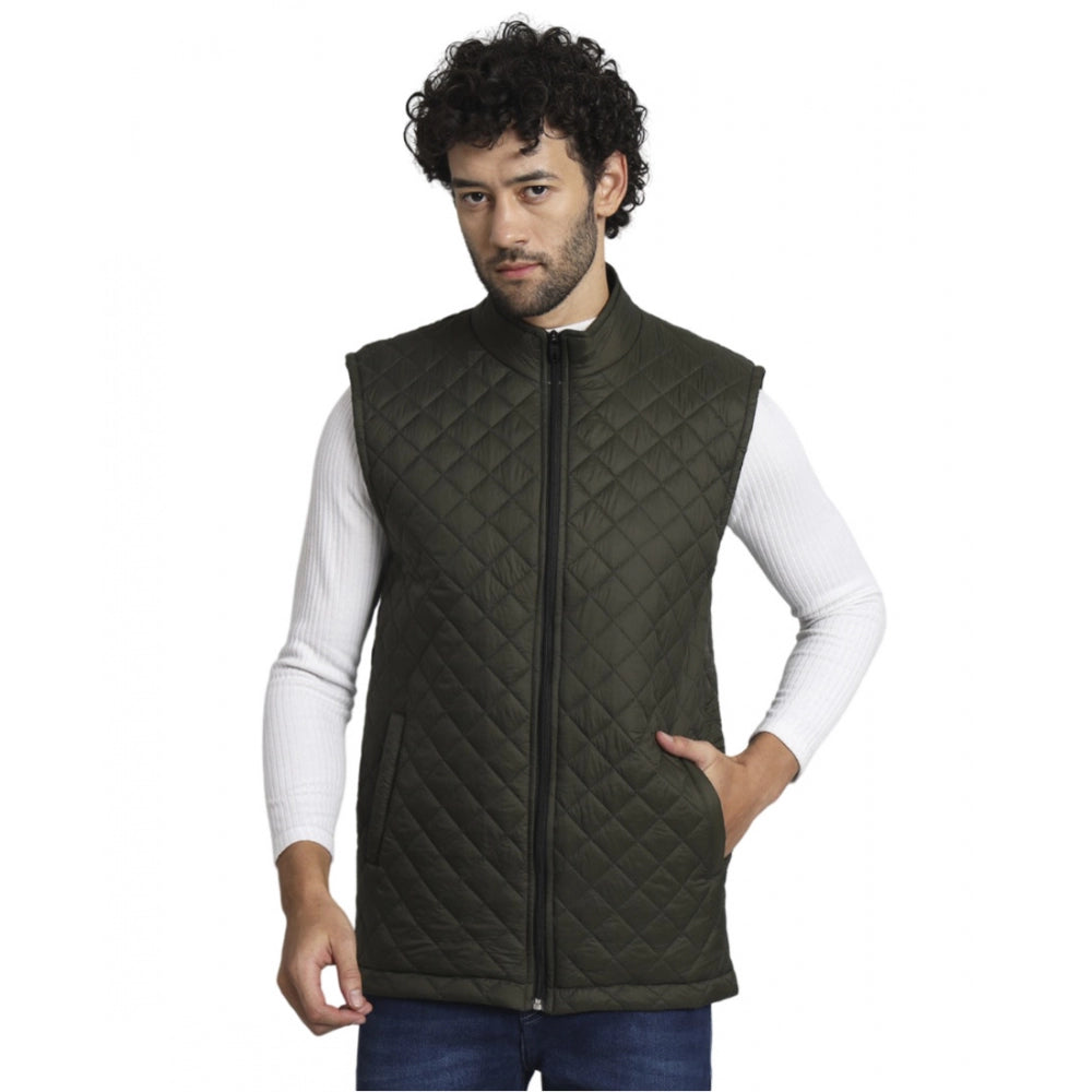 Amfyn Men's Solid Polyester Sleeveless Bomber Jacket (Dark-Green)
