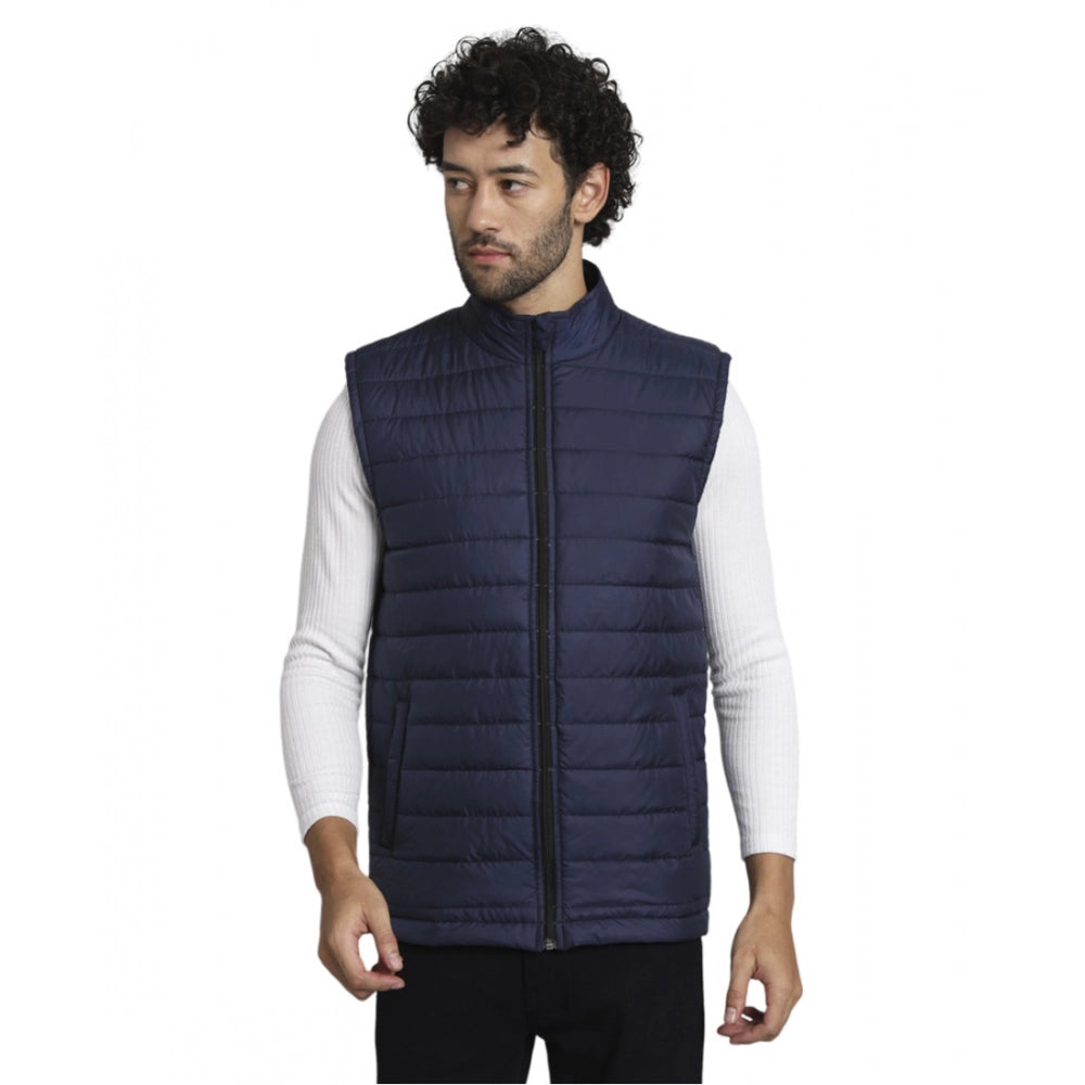 Amfyn Men's Solid Polyester Sleeveless Bomber Jacket (Blue)