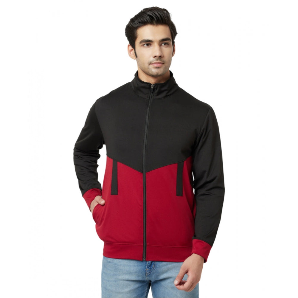Amfyn Men's Solid Polyester Full Sleeve Casual Jacket (Black-Maroon)