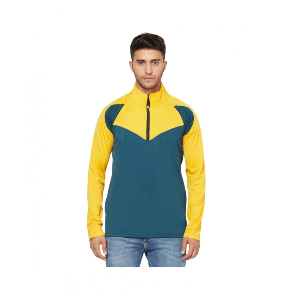 Amfyn Men's Solid Lycra Blend Full Sleeve Casual Jacket (Yellow-Blue)