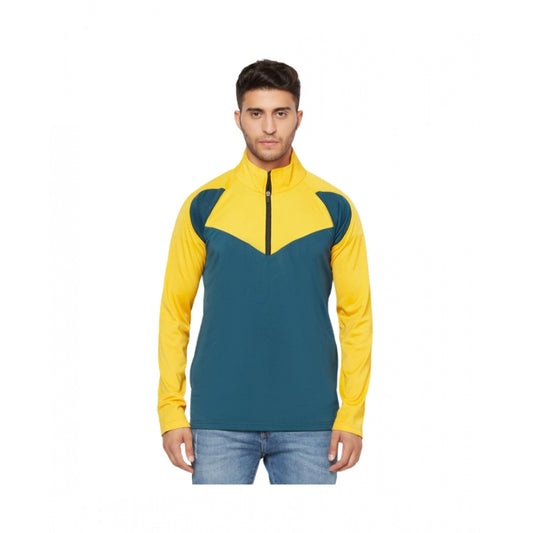 Amfyn Men's Solid Lycra Blend Full Sleeve Casual Jacket (Yellow-Blue)