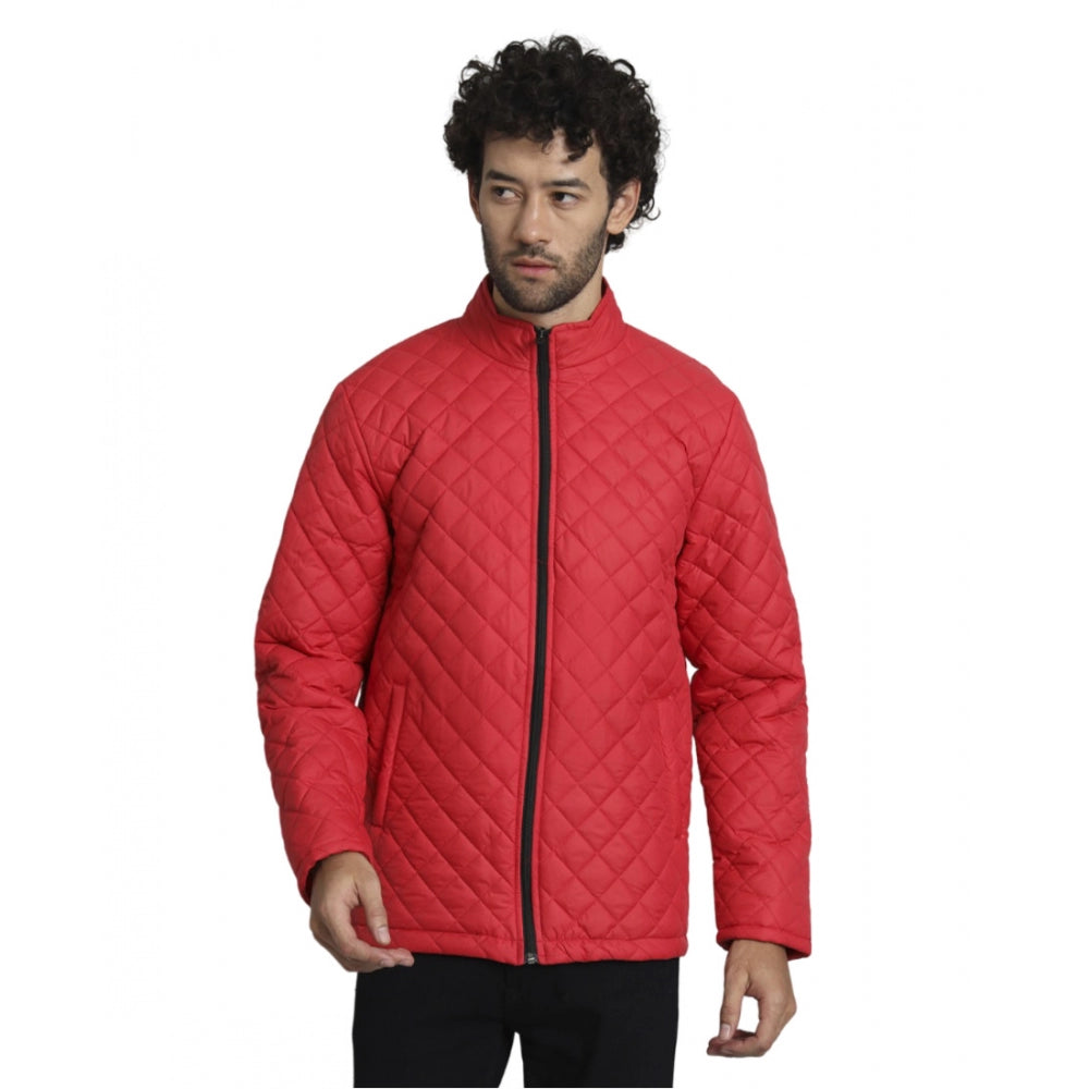 Amfyn Men's Solid Polyester Full Sleeve Bomber Jacket (Red)